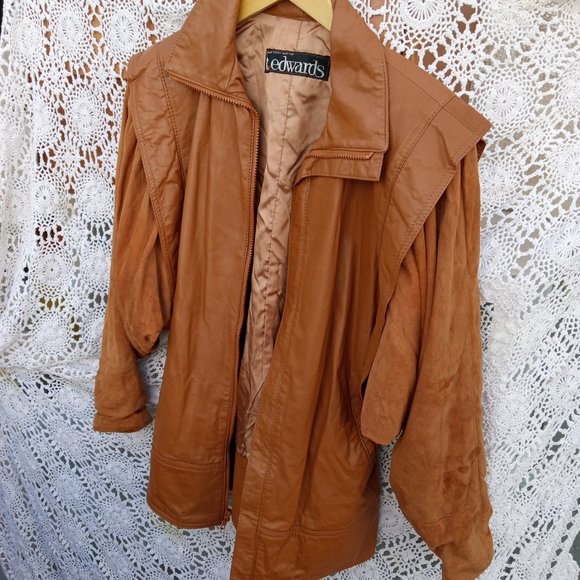 Vintage 80s T Edwards Leather Jacket Flare Shoulders Pockets Lined Cognic - Picture 10 of 10